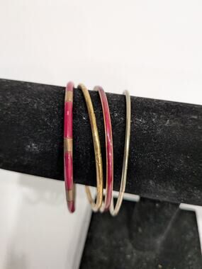 Vintage Brass and Enamel Bangle Bracelet Lot Red Inlay & Gold Tone Stacking Bojo